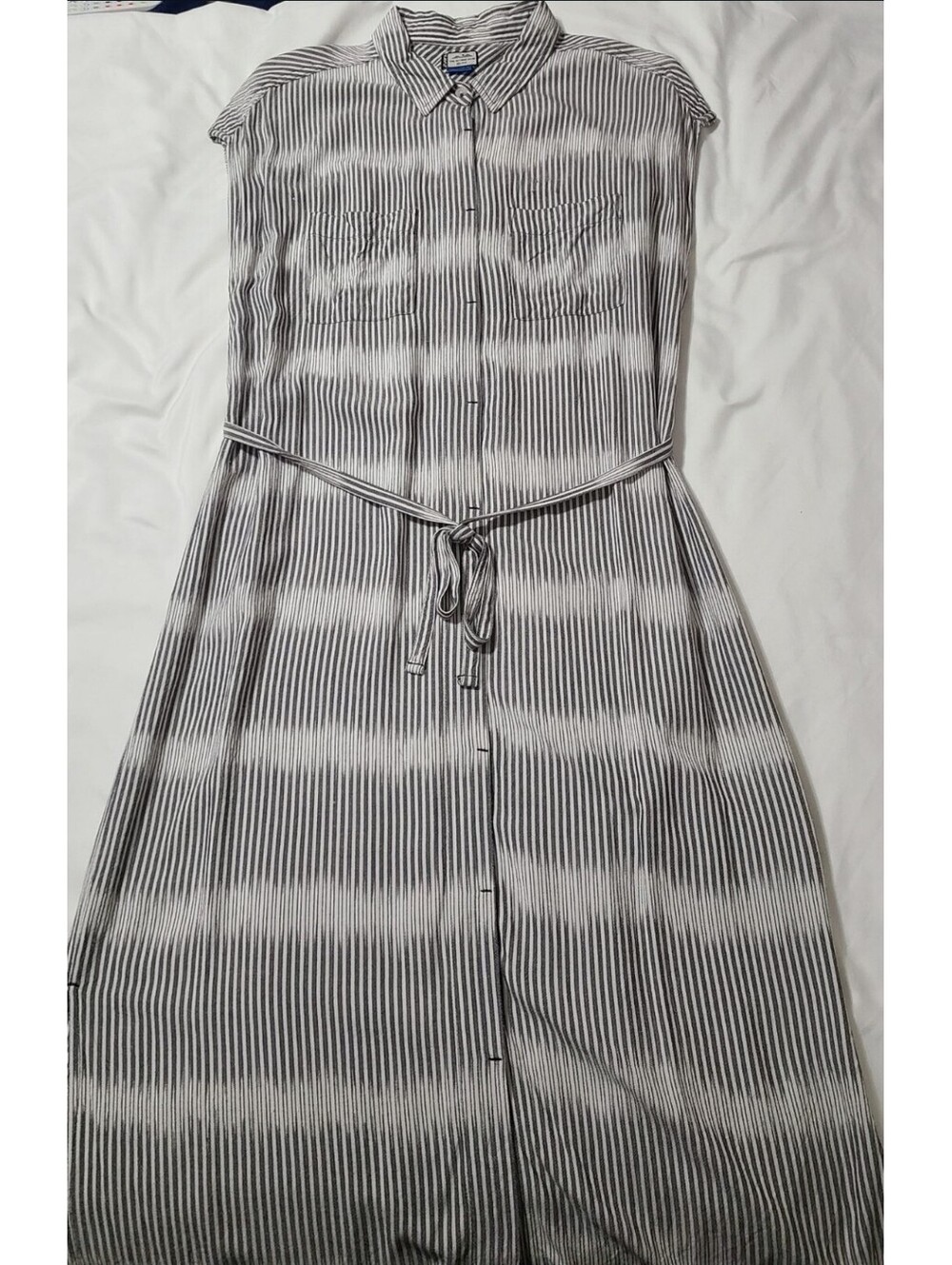 KAVU Shirt Dress Womens M Gray White Stripe Tie Waist Button Front Midi Outdoor